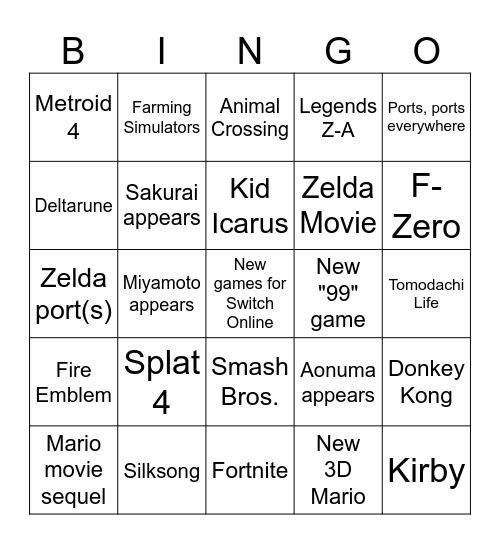 Nintendo Direct Bingo Card