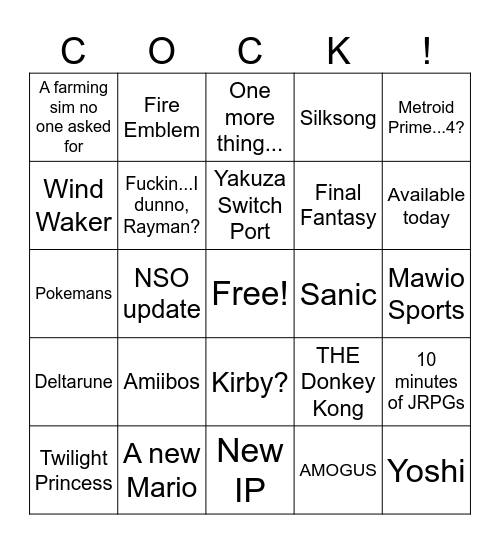 March 27 Nintendo Direct Bingo Card
