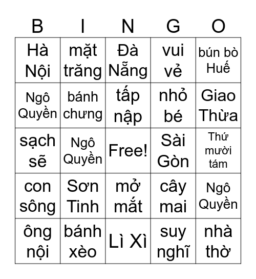 Bingo Tiếng Việt Bingo Card
