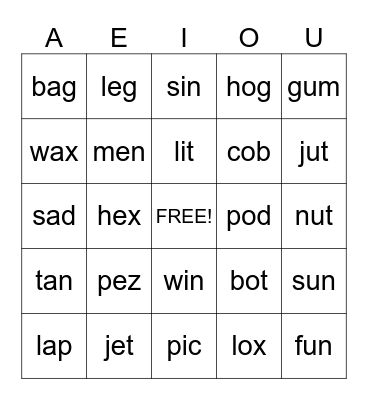 Short Vowels Bingo Card