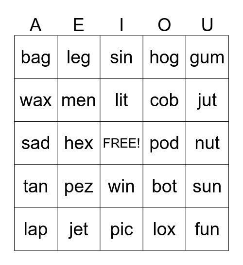 Short Vowels Bingo Card