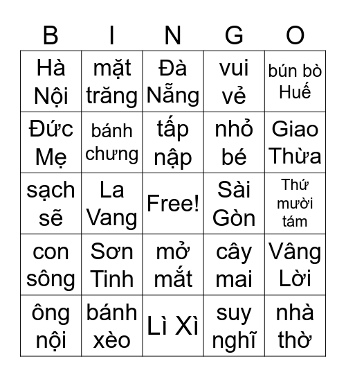 Bingo Tiếng Việt Bingo Card
