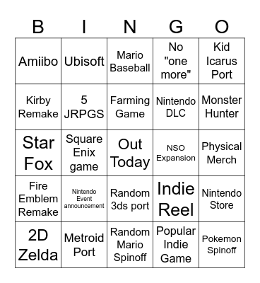 Nintendo Direct 3/27/2025 Bingo Card
