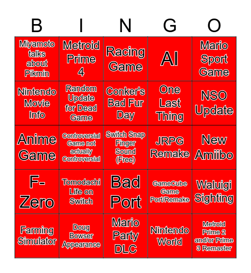 Nintendo Direct 3/27/25 Bingo Card