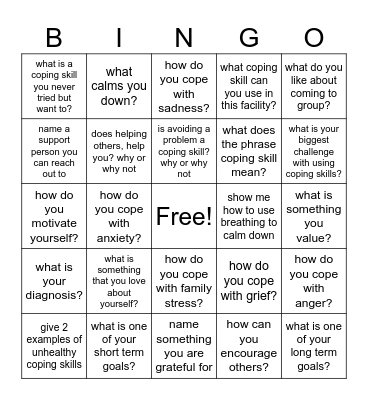 Coping Skills Bingo Card