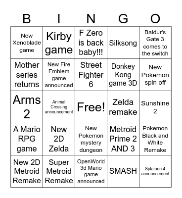 Nintendo Direct Bingo!!!! Bingo Card