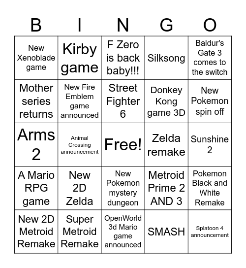 Nintendo Direct Bingo!!!! Bingo Card