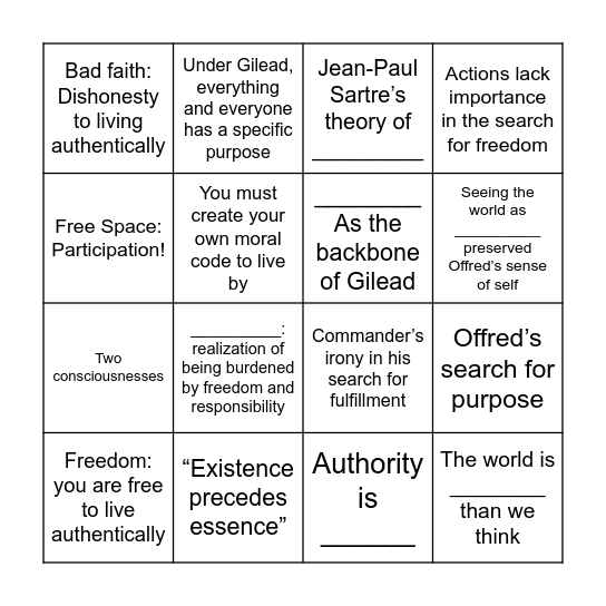 THT Existentialism Bingo Card