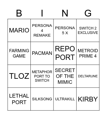 NINTENDO DIRECT Bingo Card