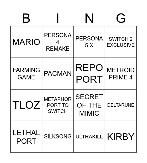 NINTENDO DIRECT Bingo Card