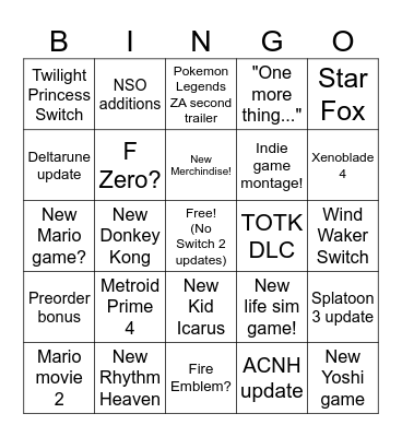 Nintendo Direct March 27th Bingo Card