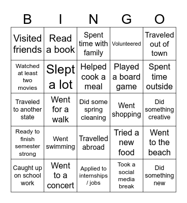 Spring Break Bingo Card