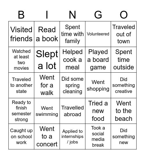 Spring Break Bingo Card
