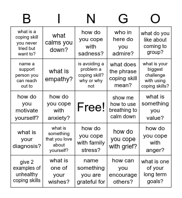 Coping Skills Bingo Card