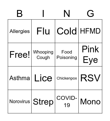 Common Contagious Illnesses Bingo Card