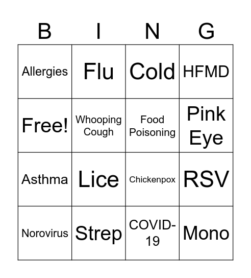 Common Contagious Illnesses Bingo Card