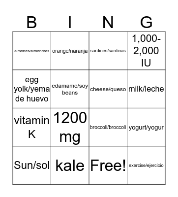 Healthy Bones/Huesos saludables Bingo Card
