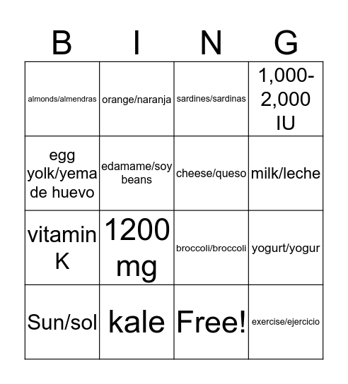 Healthy Bones/Huesos saludables Bingo Card