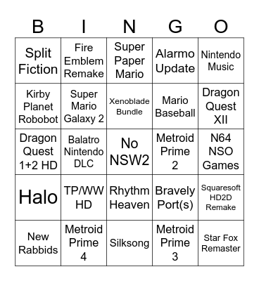 Nintendo Direct 03.27.2025 Bingo Card