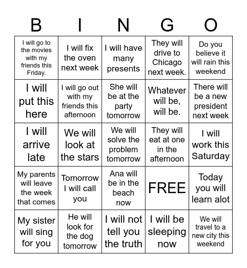 Future Tense BINGO Card