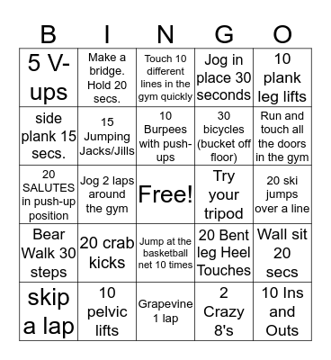 Exercise Bingo Card