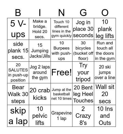 Exercise Bingo Card