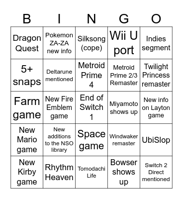 Nintendo Direct 3.27.25 Bingo Card