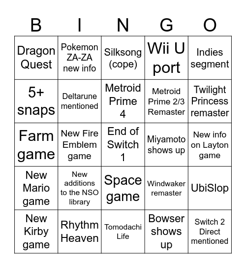 Nintendo Direct 3.27.25 Bingo Card