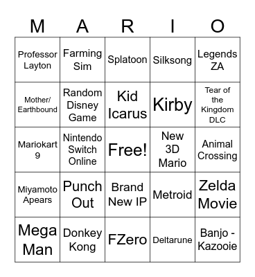 Nintendo Direct Bingo Card