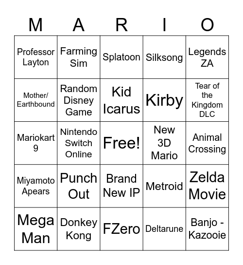Nintendo Direct Bingo Card