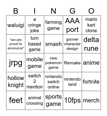 Nintendo Direct Bingo Card