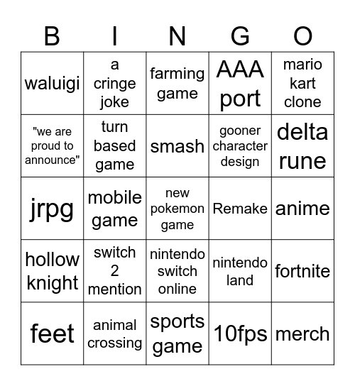 Nintendo Direct Bingo Card