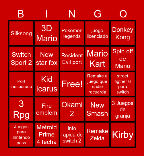 Nintendo Direct Bingo Card