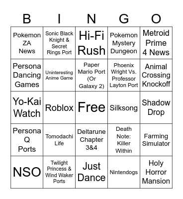 Terrible Nintendo Direct 2025 Bingo Board Bingo Card