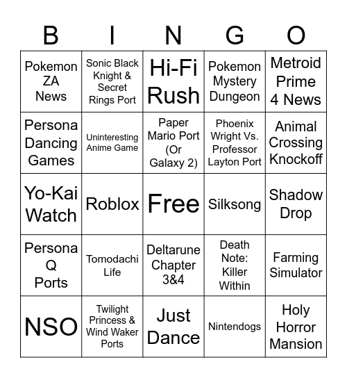 Terrible Nintendo Direct 2025 Bingo Board Bingo Card