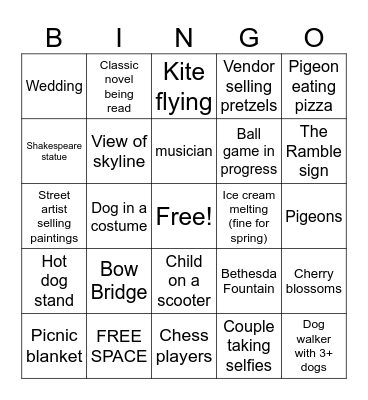 Central Park Bingo Card