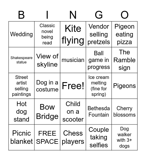 Central Park Bingo Card