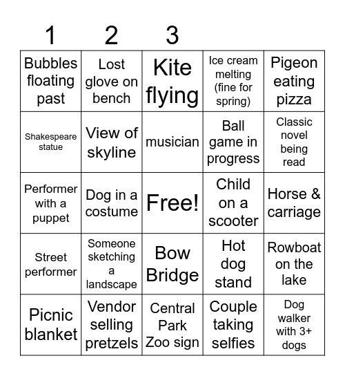 Central Park Bingo Card