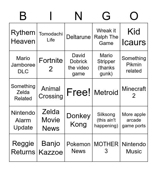 Nintendo Direct 3/27/25 Bingo Card