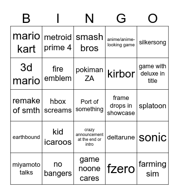 Nintendo Direct Bingo Card