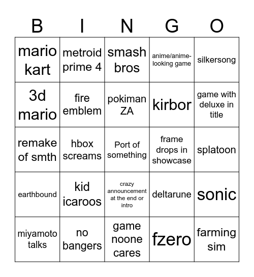 Nintendo Direct Bingo Card