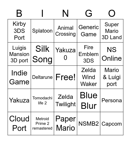 Star's Nintendo Direct BINGO Card