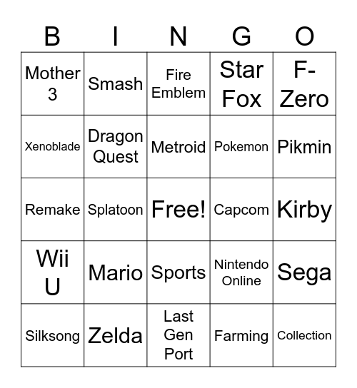 Nintendo Direct 2025 Switch 1 Bingo Card