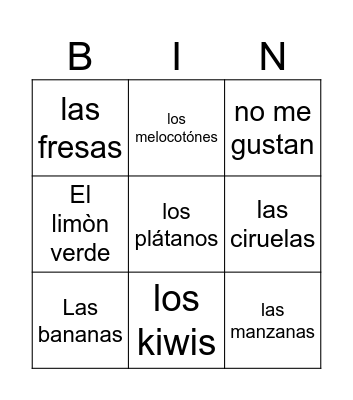 Spanish fruits Bingo Card