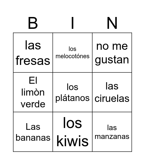Spanish fruits Bingo Card