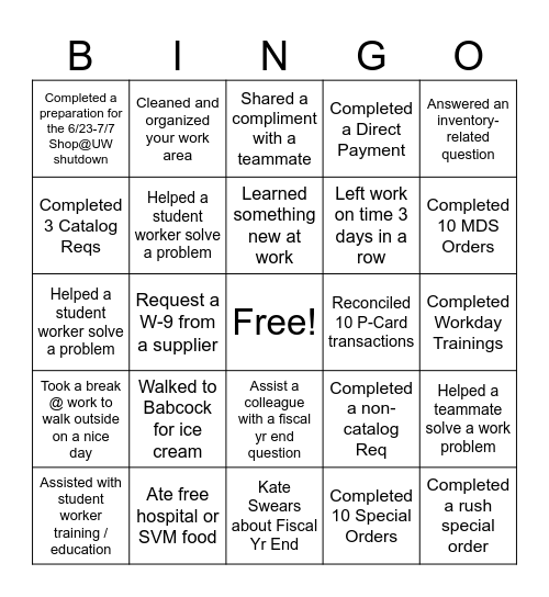 UWVC Fiscal Year End Bingo! Bingo Card