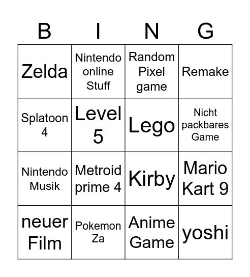 Nintendo Direct Bingo Card