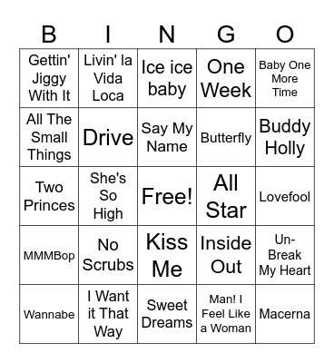90s Hits Bingo Card