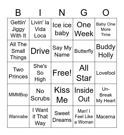 90s Hits Bingo Card