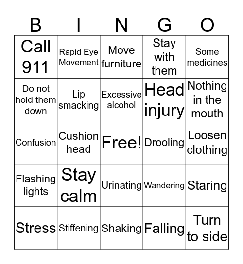 Seizure Shakedown Bingo Card